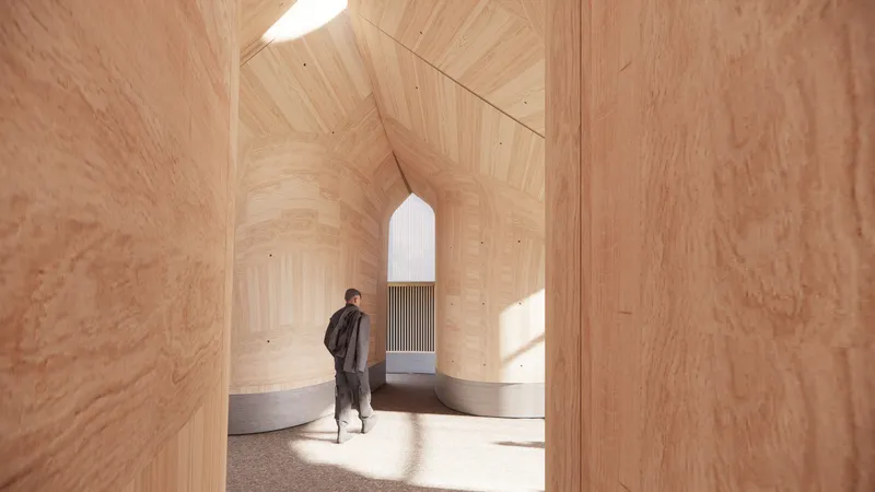Interior with curved plywood walls and vaulted ceiling with narrow skylight illuminating a figure in shadow