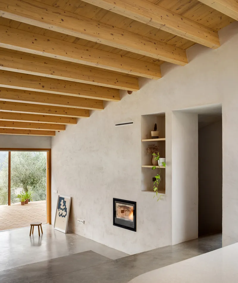 Rear facade through trees: white rendered walls, small windows, olive grove in foreground