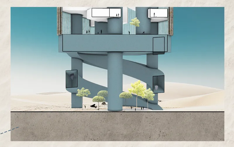 Cross-section of the elevated city cluster lifted on structural legs above the sand, with modular units stacked around a central core