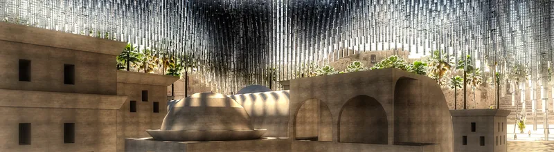 The interplay of traditional forms and modern design under the Grand Arc creates a dynamic and contemplative space.