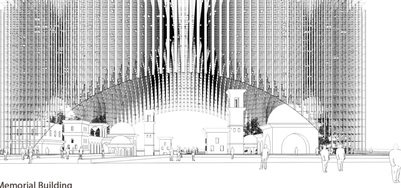 The Grand Arc's façade combines structural elegance with cultural depth, framing a new vision for Aleppo's urban spaces.