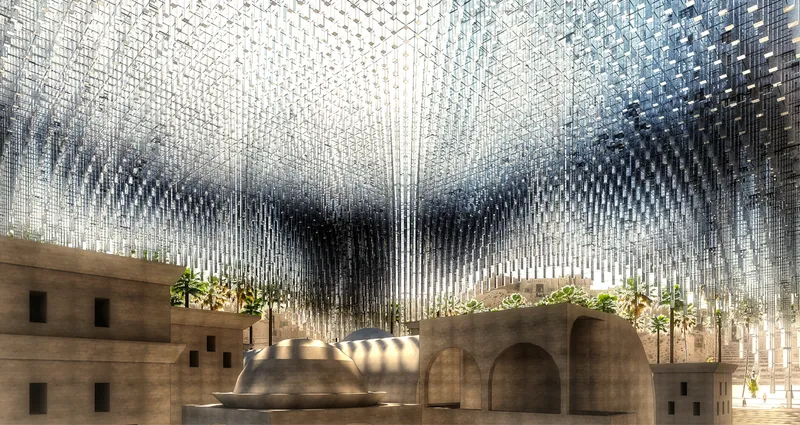 The dazzling interior of the Grand Arc showcases a harmonious blend of light, geometry, and historic inspiration.