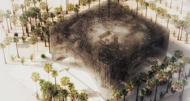 An aerial view of the Grand Arc, seamlessly blending its dynamic structure with the surrounding natural landscape.