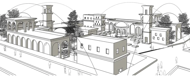 A conceptual illustration of Aleppo's reimagined urban space, highlighting traditional architecture integrated into modern design.