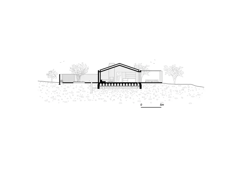 Section drawing depicting a gabled volume raised on columns amid landscape vegetation