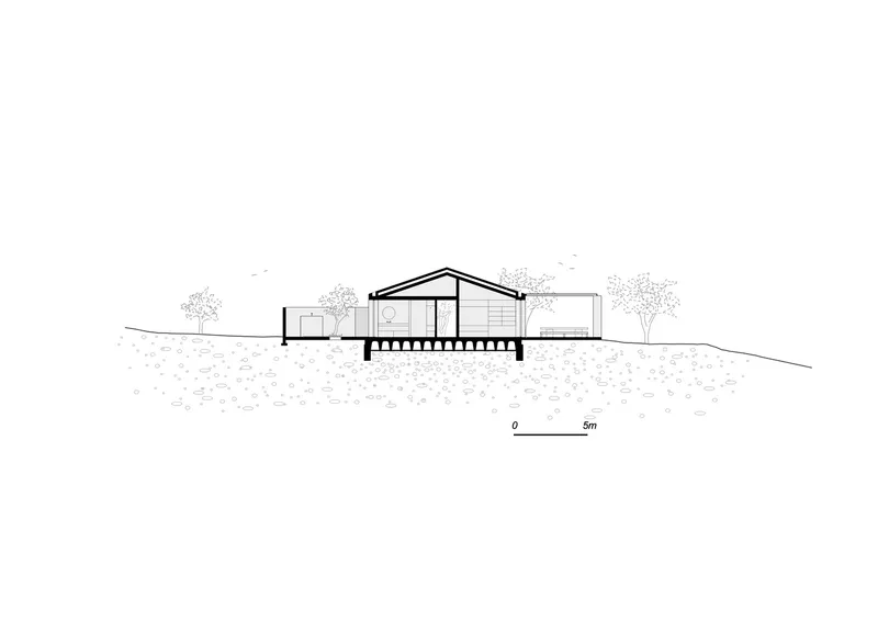 Section drawing showing a gabled central space flanked by lower pavilions and trees