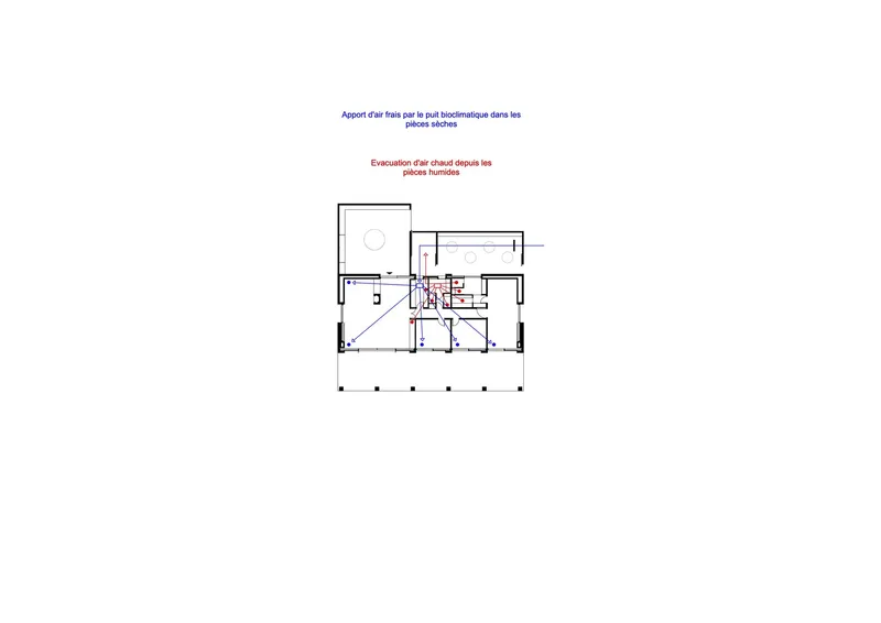 Floor plan drawing showing rectangular volumes with a central core marked for evacuation routes