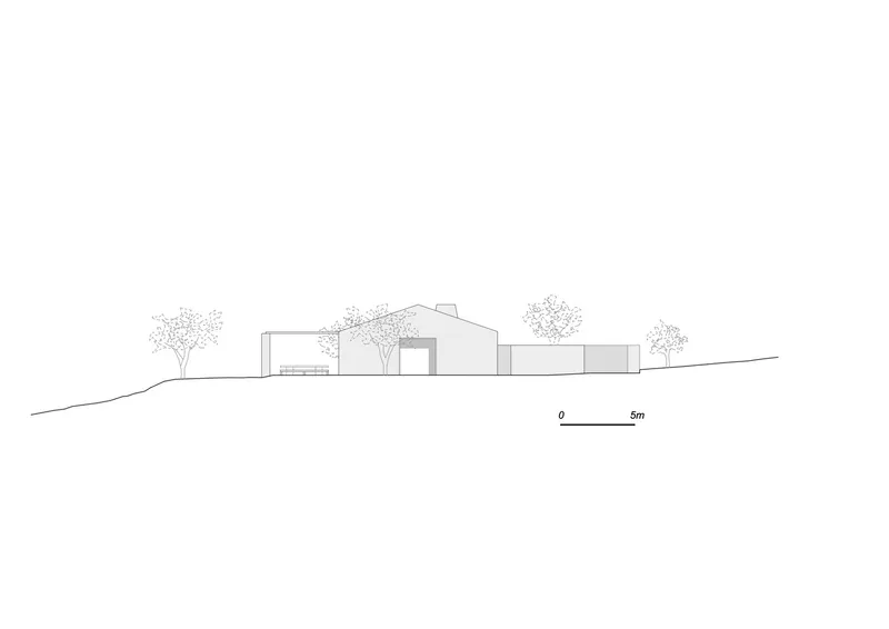 Elevation drawing illustrating a cluster of volumes with varying roof heights and scattered trees
