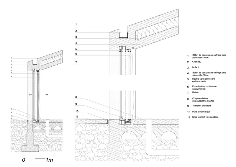 Construction detail drawings showing foundation, wall assembly, roof eave and floor connections with material layers