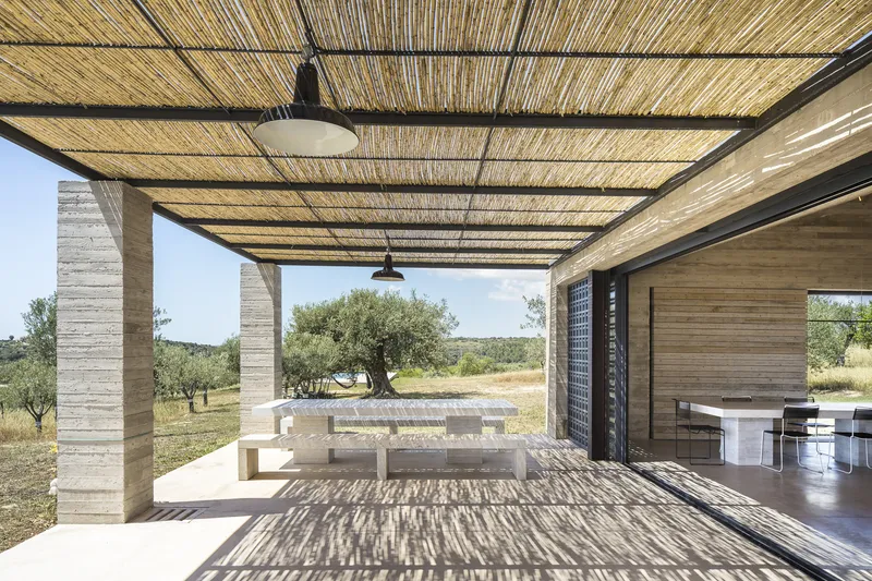 Covered terrace with reed canopy on steel frame overlooking an olive tree in the landscape