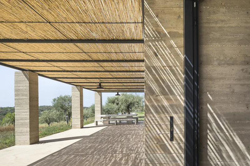 Covered terrace with reed canopy casting striped shadows across board-formed concrete columns and pavement