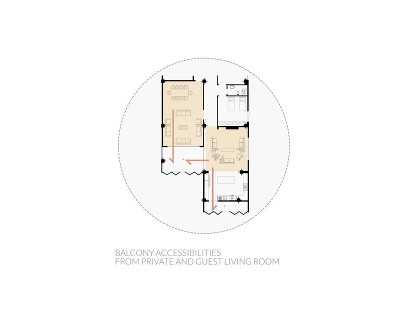 Floor plan showing balcony access from private and guest living rooms with furnishings indicated