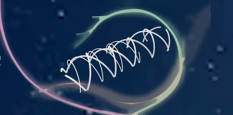 Close-up of the white helical structural element against the dark evening sky