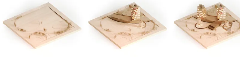 Three phased massing models showing the site transformation: excavated topography, first tower and landscape emerging, and the full cluster of co-living towers