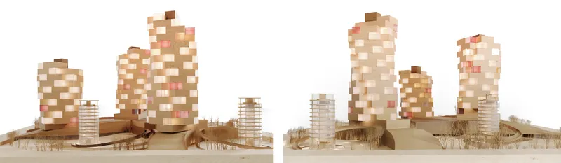 Physical model from two angles showing the tower cluster with pixelated brick-toned facades rising from a sculpted green landscape base