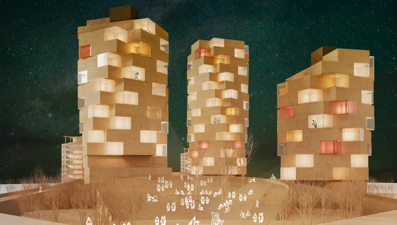 Night render of the three co-living towers glowing with warm pixelated windows against a starry sky, with wild grasses in the foreground