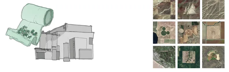 Concept diagram: a green bandage unrolling over an industrial site, with aerial precedent images of land art, crop circles, and landscape-scale interventions
