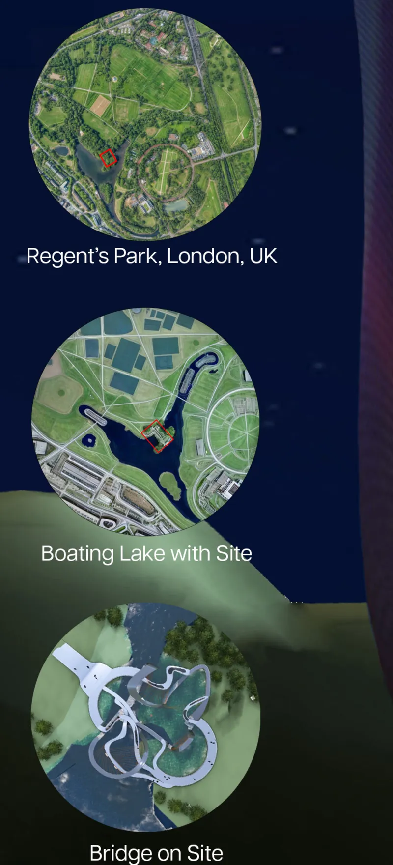 Site plan diagram showing three aerial views of the lakeside intervention and surrounding parkland