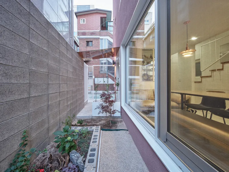 Side courtyard: narrow gap between pink house and concrete block neighbour wall, small garden with plants, dining room visible through glass