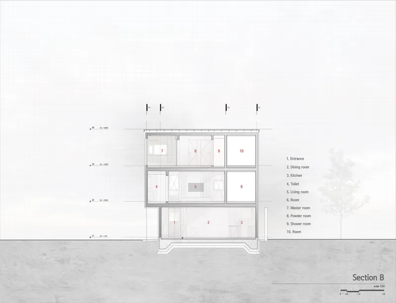 Section: four levels labelled with entrance, dining room, kitchen, living room, dressing room, shower room, staircase rising through the centre