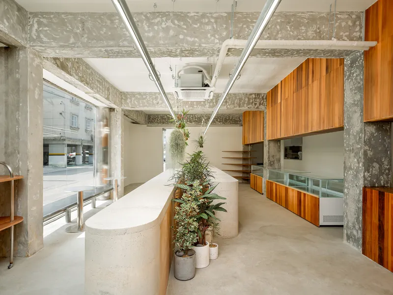 Interior space with curved terrazzo counter, timber cabinetry, exposed concrete structure and potted plants along the center