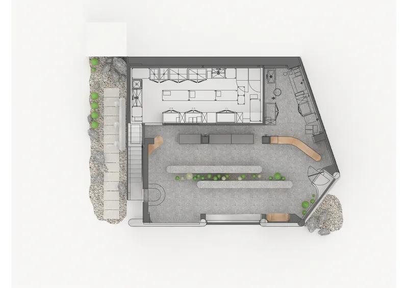 Floor plan drawing showing open retail space with curved counter, seating area and corner planting beds