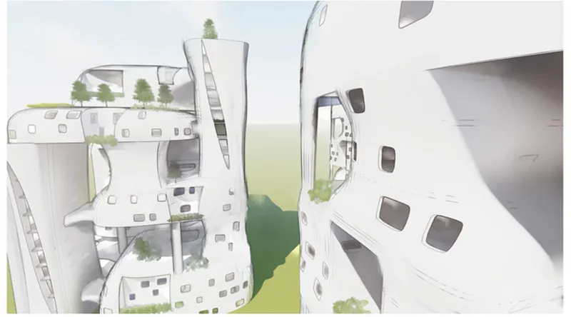 Exterior view of the organic white towers with irregular window openings, planted green terraces, and tentacle-like forms branching upward from the ground