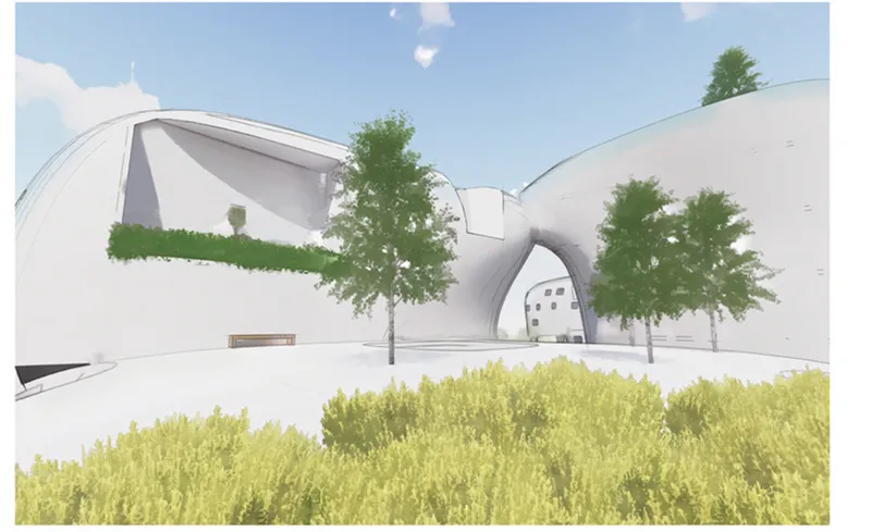 Courtyard between the organic volumes: white curved walls with arched openings, mature trees, low hedges, a bench, and soft diffused daylight