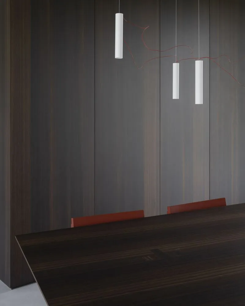 Detail of tubular pendant lights with red cloth cables against dark timber wall panelling