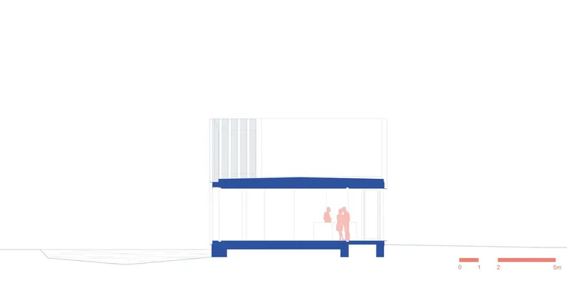 Elevation drawing depicting stacked horizontal volumes with vertical screening elements and two figures