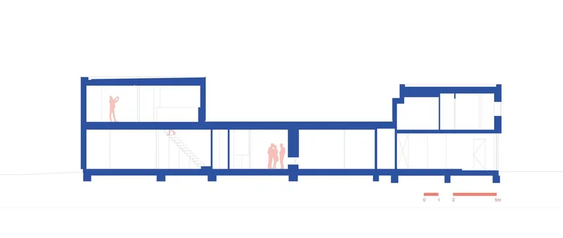 Section drawing revealing split-level interior spaces with figures and a connecting staircase