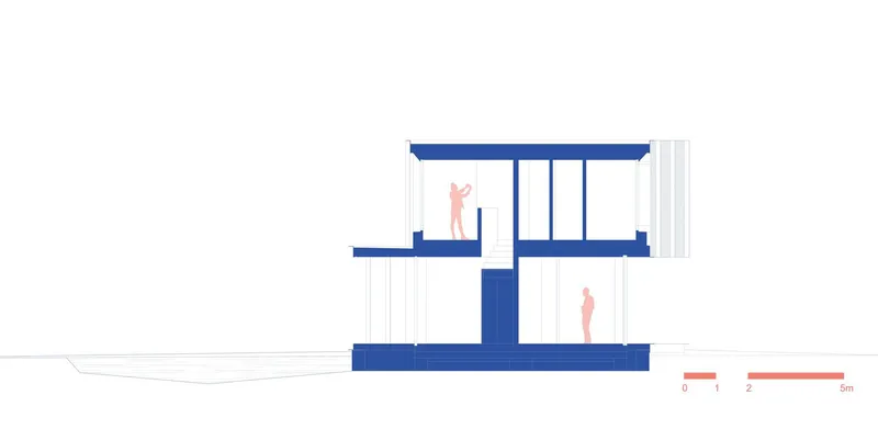 Section drawing showing two-story volumes with offset floor plates and human figures for scale