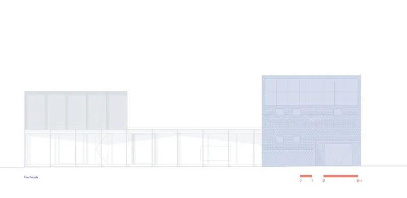 Elevation drawing showing a low horizontal volume with glazed openings and a taller textured block beyond