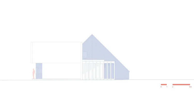 Elevation drawing depicting a peaked gable volume connected to a flat-roofed wing with vertical cladding