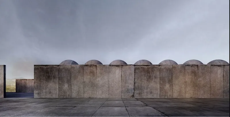The minimalist design of the Museum of Memory exterior, featuring striking domed elements against an open sky.