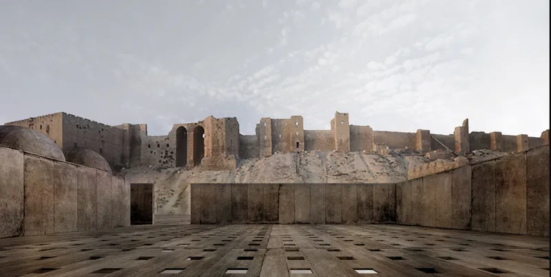 The Rooftop of the Museum of Memory, harmonizing contemporary architecture with Aleppo's historic citadel as its backdrop.