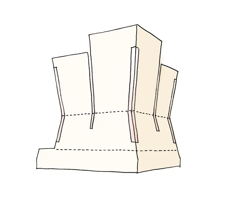 Axonometric sketch drawing depicting three splayed tower volumes rising from a shared plinth