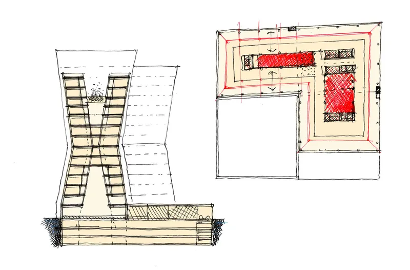 Sketch elevation and plan showing tower form with vertical window bays and red circulation spaces