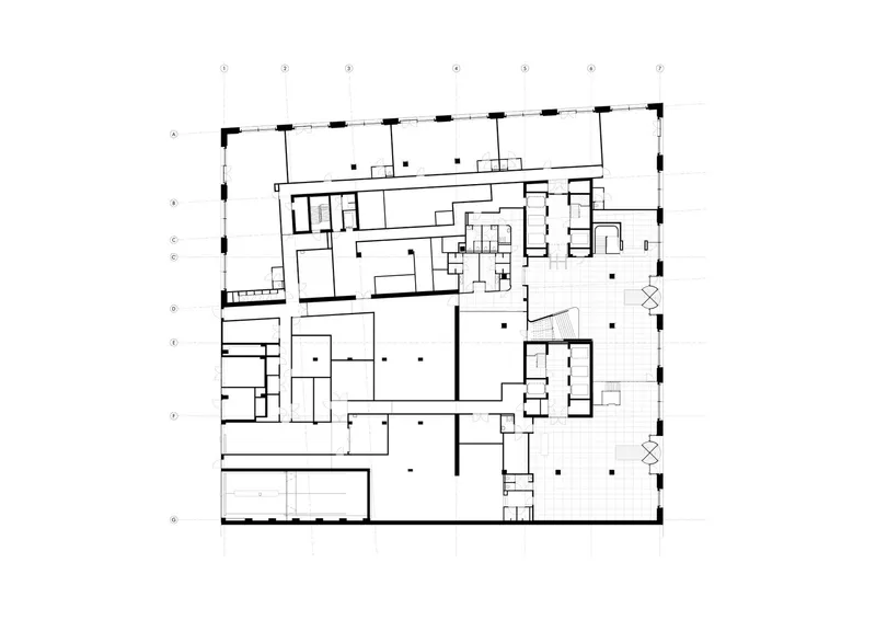 Ground floor plan showing multiple rooms arranged around a central courtyard with offset wings