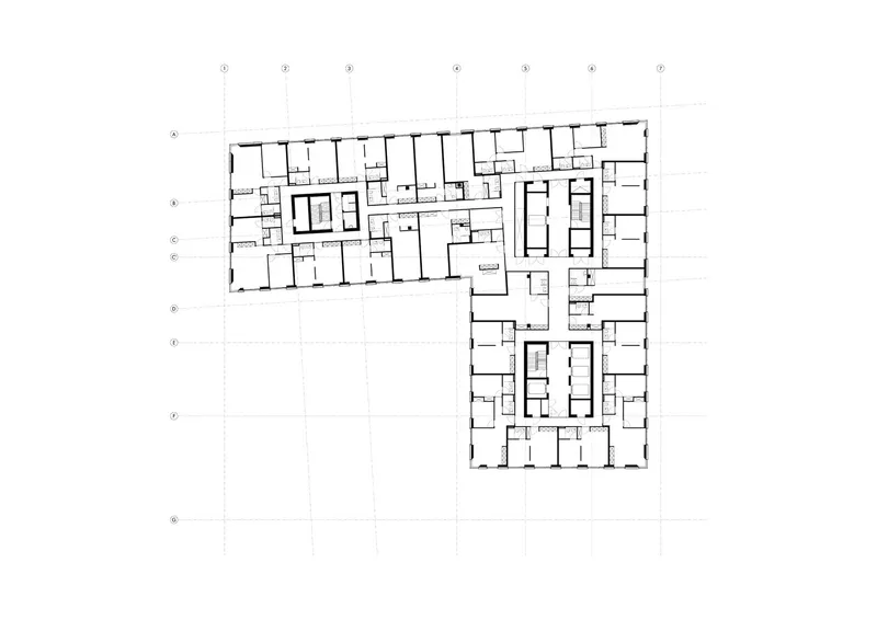 Third floor plan showing residential units lining the perimeter with central circulation and amenity spaces