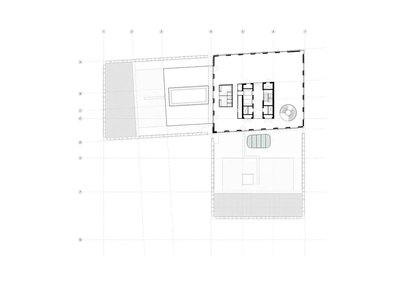Roof plan showing exterior terrace with pool and planted area extending from the upper level