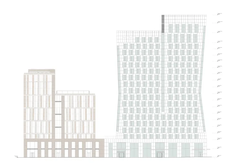 Elevation drawing showing a slender tower alongside lower stepped volumes with vertical window patterns