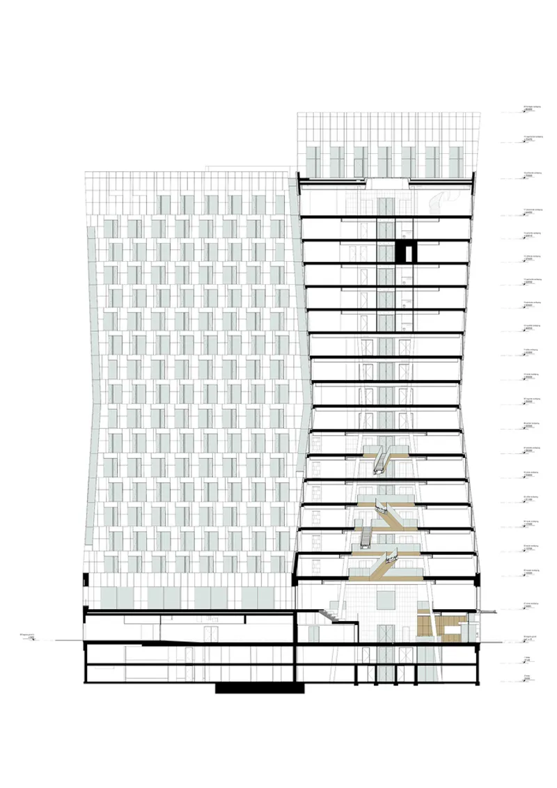 Section drawing showing the tower with repetitive floor plates above a stepped podium with internal stairs