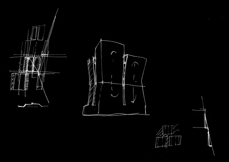 Sketch drawing showing three tower studies with varying geometries and structural expressions