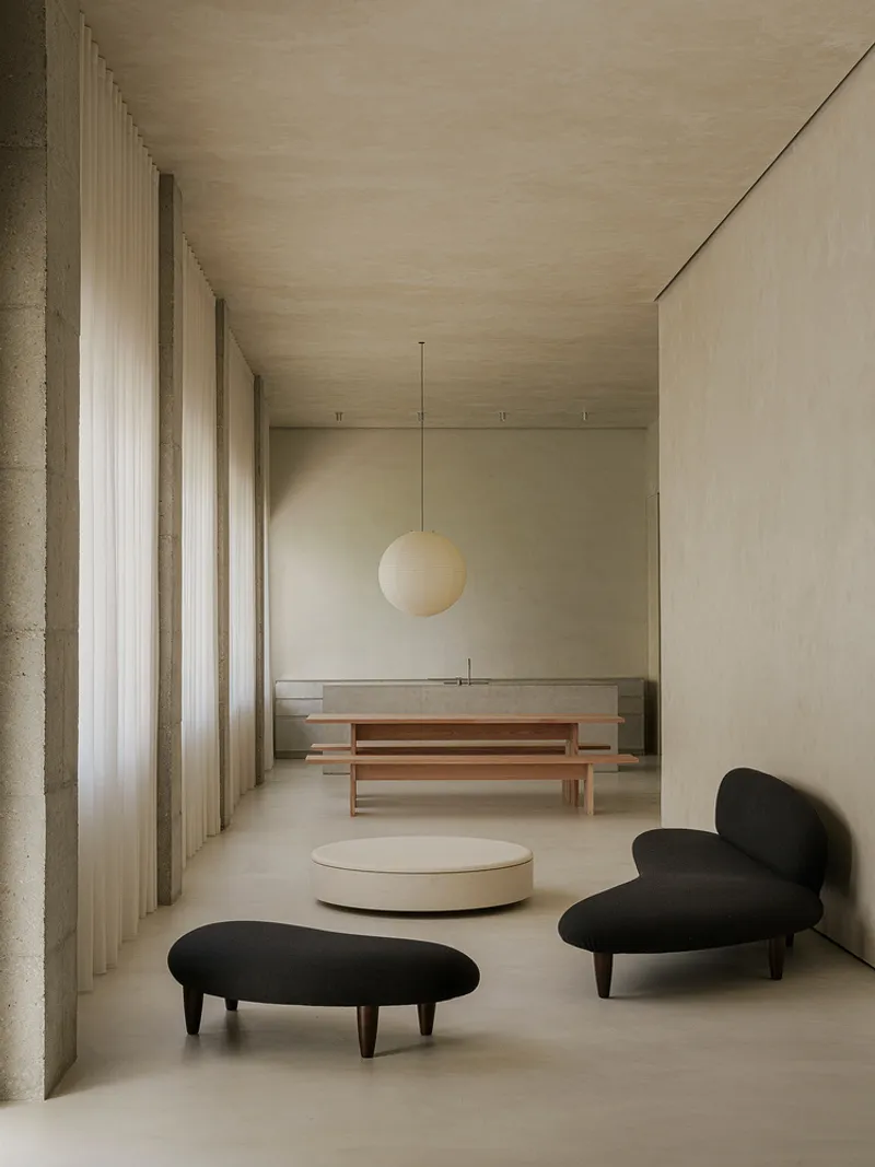 Interior space with concrete columns, sheer curtains, timber benches and black upholstered seating under a sphere pendant