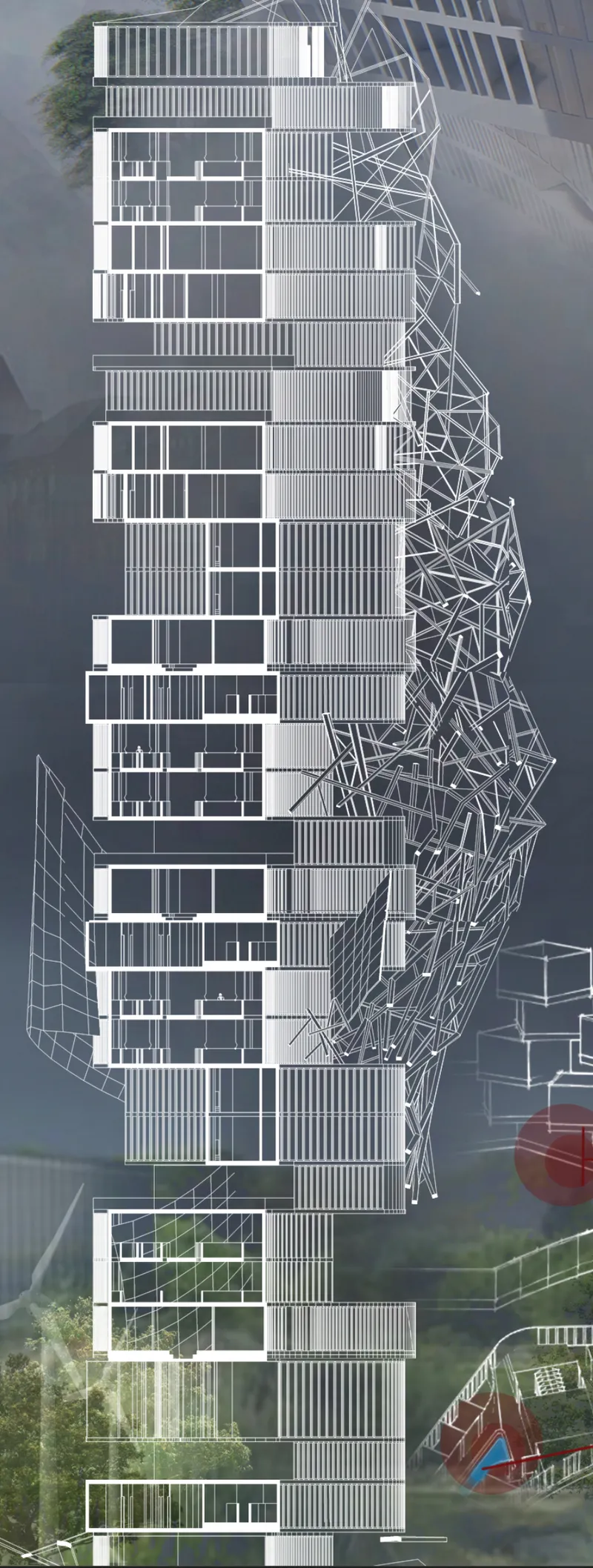 Closer view of the tower showing stacked modular boxes, exposed steel wireframe on one side, green terraces, and ground-level public activity with coloured structures