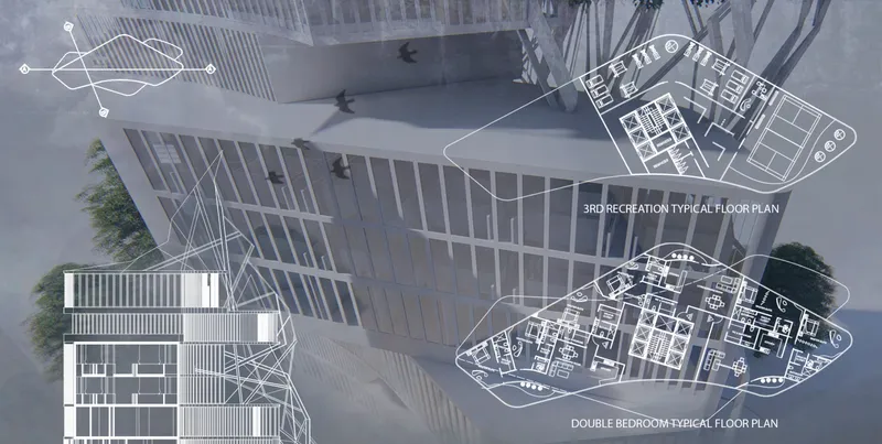 Mid-section detail with overlaid floor plans: a 3rd recreation level and a double bedroom typical floor plan showing the angular, non-orthogonal layout