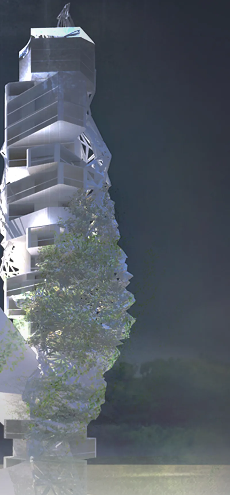 The 2050 Skyscraper at night: stacked and shifted volumes climbing upward with a large tree growing through the mid-section and an exposed wireframe structure at the top