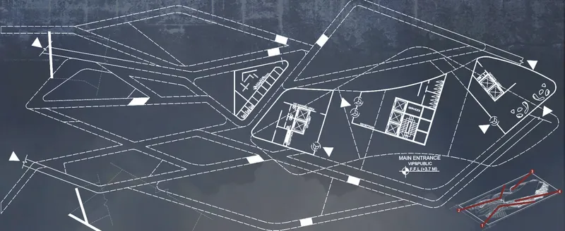 Site plan showing the angular network-web layout with ramps, pathways, landscaped zones, and the main entrance marked at the base of the tower