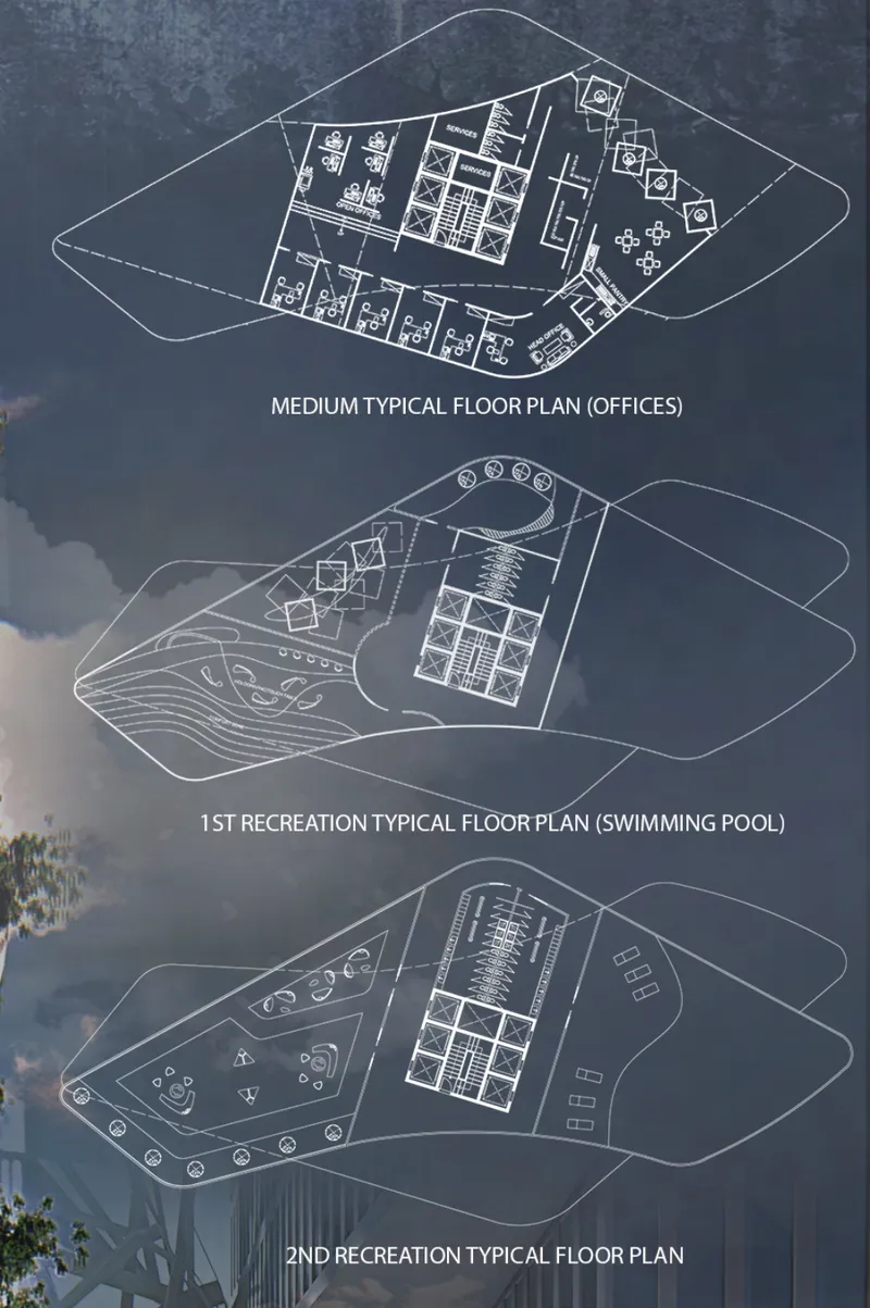 Three typical floor plans stacked vertically: medium office level at top, 1st recreation level with swimming pool in the middle, and 2nd recreation level at bottom